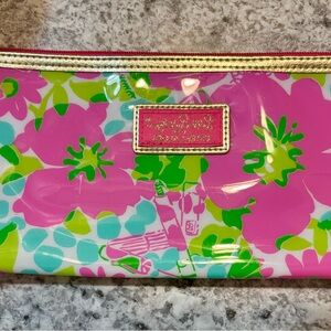 Lilly Pulitzer Pink, Green & Aqua Floral Vinyl Pouch with Gold Trim